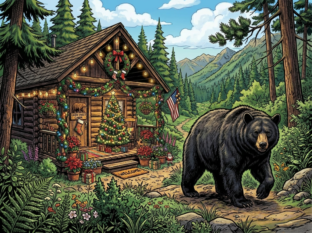 A large black bear walks on a path near a decorated log cabin in a forested mountain area