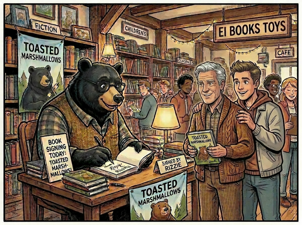 Bear author Barnaby signing books for a boy and his father at a book signing event